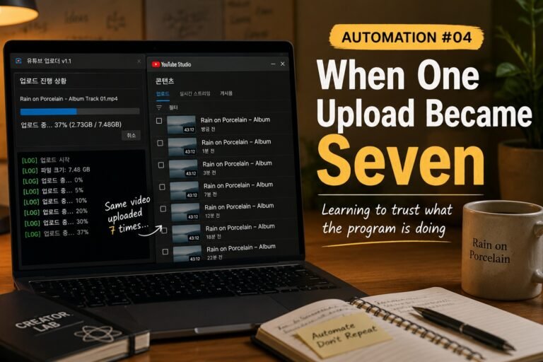 유튜브 자동화 프로그램의 업로드 진행률과 같은 영상이 7개 중복 업로드된 상황을 표현한 Automation 대표 이미지