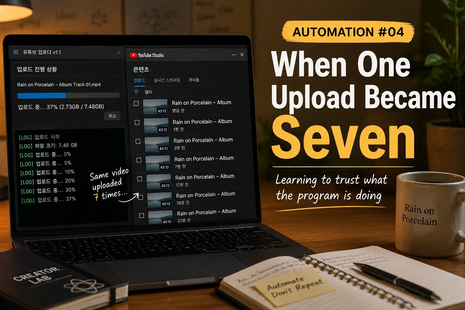 유튜브 자동화 프로그램의 업로드 진행률과 같은 영상이 7개 중복 업로드된 상황을 표현한 Automation 대표 이미지