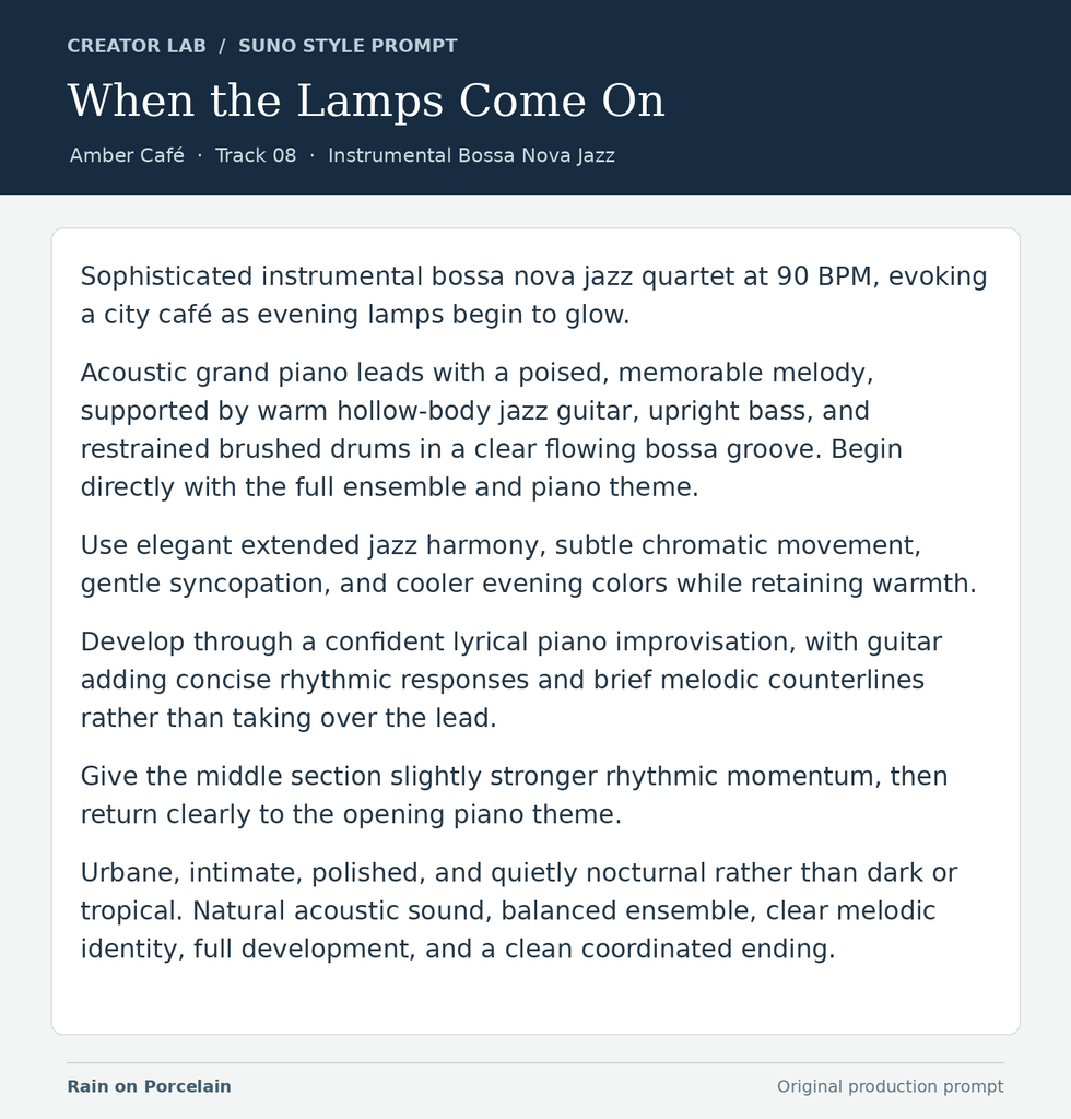 Amber Café의 When the Lamps Come On 제작에 사용한 Suno 스타일 프롬프트