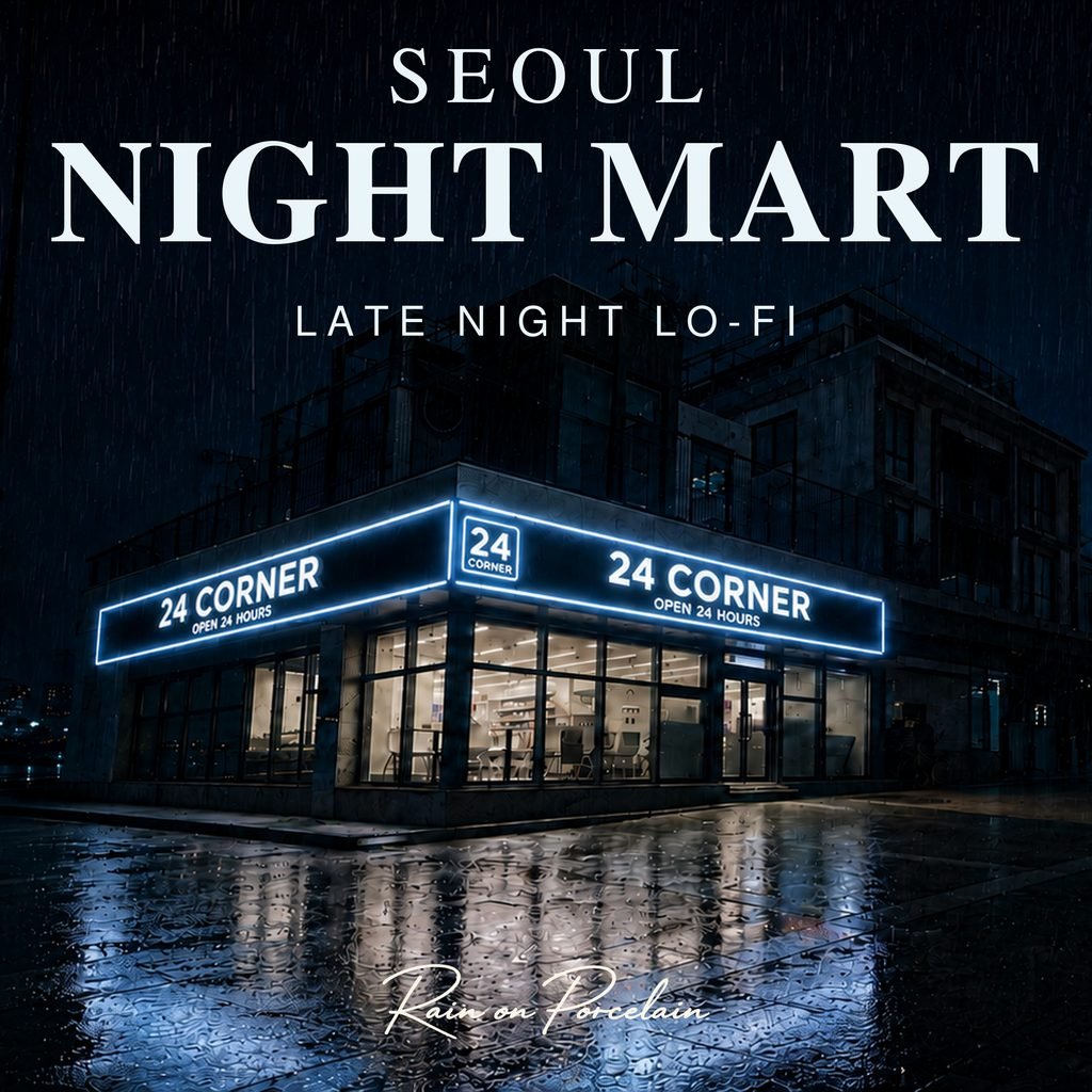 Seoul Night Mart Lo-fi 앨범 커버 — 비 오는 서울의 심야 편의점