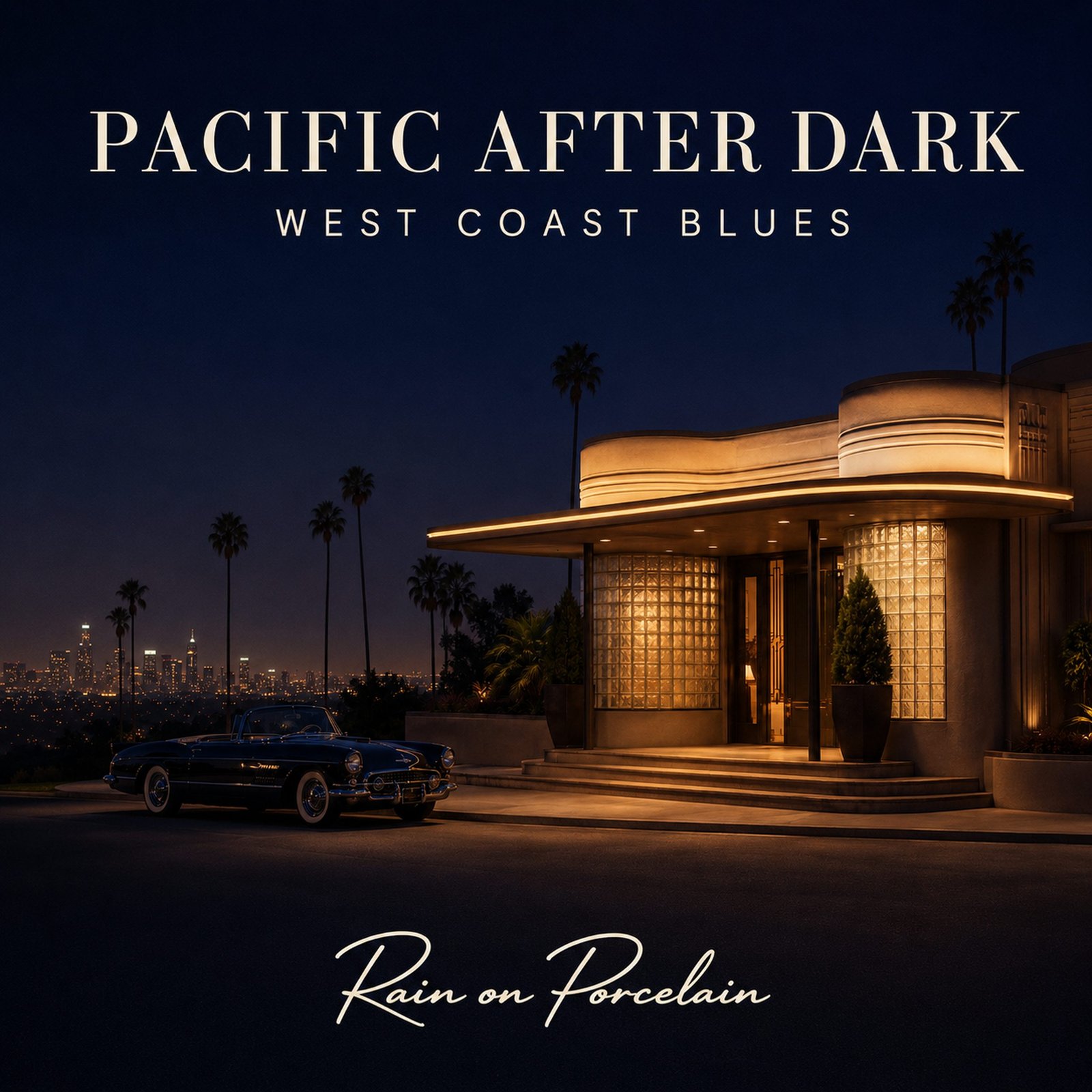 Pacific After Dark 웨스트 코스트 블루스 앨범 커버 — 야자수와 빈티지 컨버터블이 보이는 로스앤젤레스의 밤 라운지